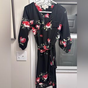 Elegant Black and Red Floral Long Sleeve Dress
